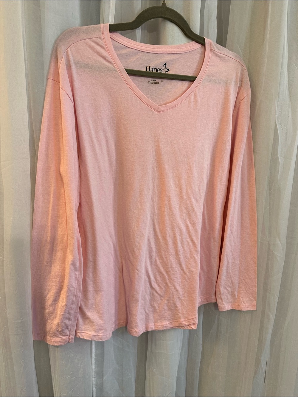 Hanes Women's Long-Sleeve V-Neck Top in Light Pink
